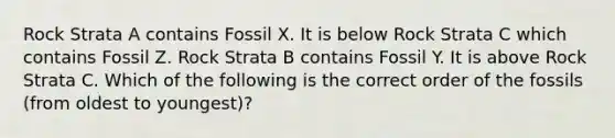 Rock Strata A contains Fossil X. It is below Rock Strata C which contains Fossil Z. Rock Strata B contains Fossil Y. It is above Rock Strata C. Which of the following is the correct order of the fossils (from oldest to youngest)?