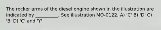 The rocker arms of the diesel engine shown in the illustration are indicated by __________. See illustration MO-0122. A) 'C' B) 'D' C) 'B' D) 'C' and 'Y'