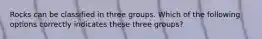 Rocks can be classified in three groups. Which of the following options correctly indicates these three groups?