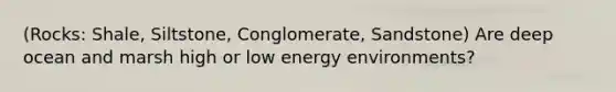 (Rocks: Shale, Siltstone, Conglomerate, Sandstone) Are deep ocean and marsh high or low energy environments?