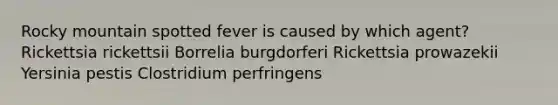 Rocky mountain spotted fever is caused by which agent? Rickettsia rickettsii Borrelia burgdorferi Rickettsia prowazekii Yersinia pestis Clostridium perfringens