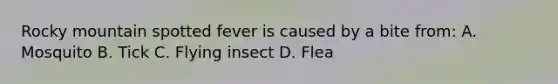 Rocky mountain spotted fever is caused by a bite from: A. Mosquito B. Tick C. Flying insect D. Flea