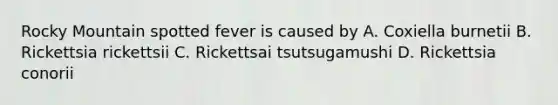 Rocky Mountain spotted fever is caused by A. Coxiella burnetii B. Rickettsia rickettsii C. Rickettsai tsutsugamushi D. Rickettsia conorii
