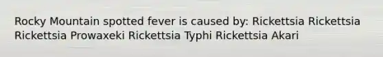 Rocky Mountain spotted fever is caused by: Rickettsia Rickettsia Rickettsia Prowaxeki Rickettsia Typhi Rickettsia Akari