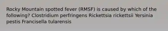 Rocky Mountain spotted fever (RMSF) is caused by which of the following? Clostridium perfringens Rickettsia rickettsii Yersinia pestis Francisella tularensis