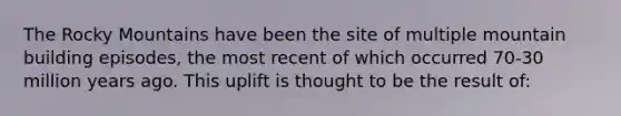 The Rocky Mountains have been the site of multiple mountain building episodes, the most recent of which occurred 70-30 million years ago. This uplift is thought to be the result of: