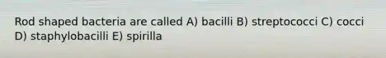 Rod shaped bacteria are called A) bacilli B) streptococci C) cocci D) staphylobacilli E) spirilla