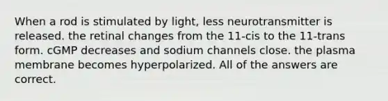 When a rod is stimulated by light, less neurotransmitter is released. the retinal changes from the 11-cis to the 11-trans form. cGMP decreases and sodium channels close. the plasma membrane becomes hyperpolarized. All of the answers are correct.