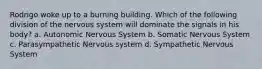 Rodrigo woke up to a burning building. Which of the following division of the nervous system will dominate the signals in his body? a. Autonomic Nervous System b. Somatic Nervous System c. Parasympathetic Nervous system d. Sympathetic Nervous System