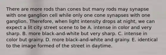 There are more rods than cones but many rods may synapse with one ganglion cell while only one cone synapses with one ganglion. Therefore, when light intensity drops at night, we can expect a lit city street scene to be A. intense in color and very sharp. B. more black-and-white but very sharp. C. intense in color but grainy. D. more black-and-white and grainy. E. identical to the image formed of the street in daytime.