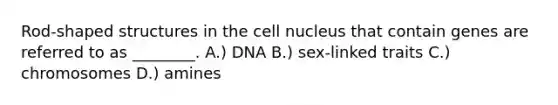 Rod-shaped structures in the cell nucleus that contain genes are referred to as ________. A.) DNA B.) sex-linked traits C.) chromosomes D.) amines