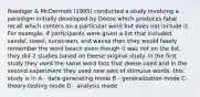 Roediger & McDermott (1995) conducted a study involving a paradigm initially developed by Deese which produces false recall which centers on a particular word but does not include it. For example, if participants were given a list that included sandal, towel, sunscreen, and waves then they would fasely remember the word beach even though it was not on the list. they did 2 studies based on Deese original study. in the first study they used the same word lists that deese used and in the second experiment they used new sets of stimulus words. this study is in A - data-generating mode B - generalization mode C- theory-testing mode D - analysis mode