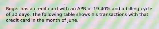 Roger has a credit card with an APR of 19.40% and a billing cycle of 30 days. The following table shows his transactions with that credit card in the month of June.