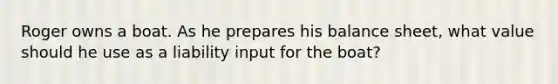 Roger owns a boat. As he prepares his balance sheet, what value should he use as a liability input for the boat?