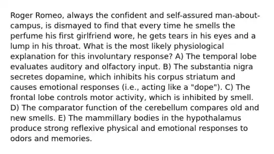 Roger Romeo, always the confident and self-assured man-about-campus, is dismayed to find that every time he smells the perfume his first girlfriend wore, he gets tears in his eyes and a lump in his throat. What is the most likely physiological explanation for this involuntary response? A) The temporal lobe evaluates auditory and olfactory input. B) The substantia nigra secretes dopamine, which inhibits his corpus striatum and causes emotional responses (i.e., acting like a "dope"). C) The frontal lobe controls motor activity, which is inhibited by smell. D) The comparator function of the cerebellum compares old and new smells. E) The mammillary bodies in the hypothalamus produce strong reflexive physical and emotional responses to odors and memories.