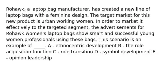 Rohawk, a laptop bag manufacturer, has created a new line of laptop bags with a feminine design. The target market for this new product is urban working women. In order to market it effectively to the targeted segment, the advertisements for Rohawk women's laptop bags show smart and successful young women professionals using these bags. This scenario is an example of _____. A - ethnocentric development B - the role acquisition function C - role transition D - symbol development E - opinion leadership