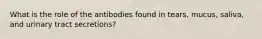 What is the role of the antibodies found in tears, mucus, saliva, and urinary tract secretions?