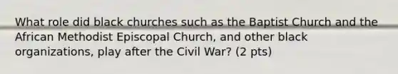 What role did black churches such as the Baptist Church and the African Methodist Episcopal Church, and other black organizations, play after the Civil War? (2 pts)