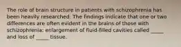 The role of brain structure in patients with schizophrenia has been heavily researched. The findings indicate that one or two differences are often evident in the brains of those with schizophrenia: enlargement of fluid-filled cavities called _____ and loss of _____ tissue.