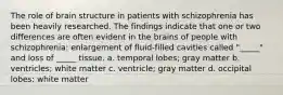 The role of brain structure in patients with schizophrenia has been heavily researched. The findings indicate that one or two differences are often evident in the brains of people with schizophrenia: enlargement of fluid-filled cavities called "_____" and loss of _____ tissue. a. temporal lobes; gray matter b. ventricles; white matter c. ventricle; gray matter d. occipital lobes; white matter