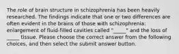 The role of brain structure in schizophrenia has been heavily researched. The findings indicate that one or two differences are often evident in the brains of those with schizophrenia: enlargement of fluid-filled cavities called "_____" and the loss of _____ tissue. Please choose the correct answer from the following choices, and then select the submit answer button.