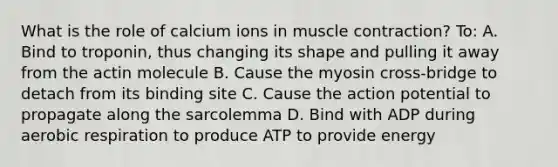 What is the role of calcium ions in muscle contraction? To: A. Bind to troponin, thus changing its shape and pulling it away from the actin molecule B. Cause the myosin cross-bridge to detach from its binding site C. Cause the action potential to propagate along the sarcolemma D. Bind with ADP during aerobic respiration to produce ATP to provide energy