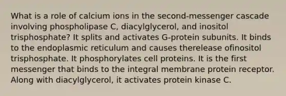 What is a role of calcium ions in the second-messenger cascade involving phospholipase C, diacylglycerol, and inositol trisphosphate? It splits and activates G-protein subunits. It binds to the endoplasmic reticulum and causes therelease ofinositol trisphosphate. It phosphorylates cell proteins. It is the first messenger that binds to the integral membrane protein receptor. Along with diacylglycerol, it activates protein kinase C.