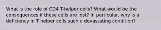 What is the role of CD4 T-helper cells? What would be the consequences if these cells are lost? In particular, why is a deficiency in T helper cells such a devastating condition?