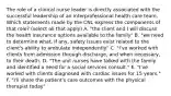 The role of a clinical nurse leader is directly associated with the successful leadership of an interprofessional health care team. Which statements made by the CNL express the components of that role? (select all that apply) A. "the client and I will discuss the health insurance options available to the family" B. "we need to determine what, if any, safety issues exist related to the client's ability to ambulate independently" C. "I've worked with clients from admission through discharge, and when necessary, to their death. D. "The unit nurses have talked with the family and identified a need for a social services consult." E. "I've worked with clients diagnosed with cardiac issues for 15 years." F. "I'll share the patient's care outcomes with the physical therapist today"