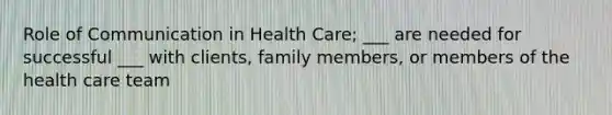 Role of Communication in Health Care; ___ are needed for successful ___ with clients, family members, or members of the health care team