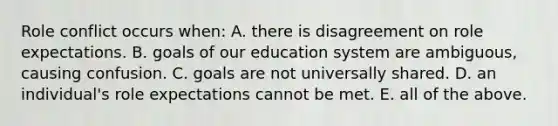 Role conflict occurs when: A. there is disagreement on role expectations. B. goals of our education system are ambiguous, causing confusion. C. goals are not universally shared. D. an individual's role expectations cannot be met. E. all of the above.