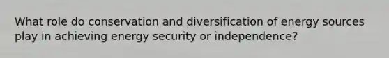 What role do conservation and diversification of energy sources play in achieving energy security or independence?