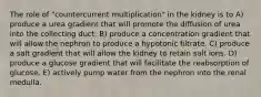 The role of "countercurrent multiplication" in the kidney is to A) produce a urea gradient that will promote the diffusion of urea into the collecting duct. B) produce a concentration gradient that will allow the nephron to produce a hypotonic filtrate. C) produce a salt gradient that will allow the kidney to retain salt ions. D) produce a glucose gradient that will facilitate the reabsorption of glucose. E) actively pump water from the nephron into the renal medulla.