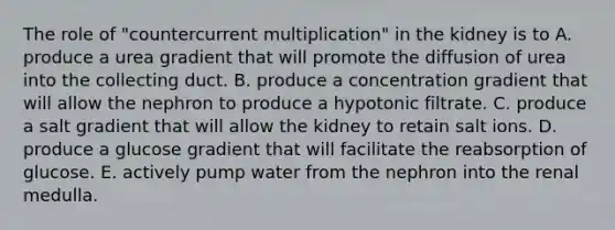 The role of "countercurrent multiplication" in the kidney is to A. produce a urea gradient that will promote the diffusion of urea into the collecting duct. B. produce a concentration gradient that will allow the nephron to produce a hypotonic filtrate. C. produce a salt gradient that will allow the kidney to retain salt ions. D. produce a glucose gradient that will facilitate the reabsorption of glucose. E. actively pump water from the nephron into the renal medulla.