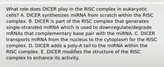 What role does DICER play in the RISC complex in eukaryotic cells? A. DICER synthesizes miRNA from scratch within the RISC complex. B. DICER is part of the RISC complex that generates single-stranded miRNA which is used to downregulate/degrade mRNAs that complementary base pair with the miRNA. C. DICER transports miRNA from the nucleus to the cytoplasm for the RISC complex. D. DICER adds a poly-A tail to the miRNA within the RISC complex. E. DICER modifies the structure of the RISC complex to enhance its activity.