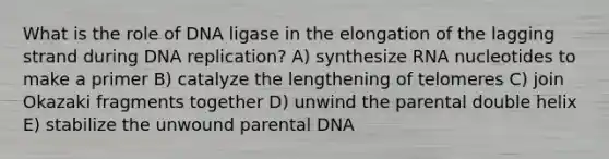 What is the role of DNA ligase in the elongation of the lagging strand during DNA replication? A) synthesize RNA nucleotides to make a primer B) catalyze the lengthening of telomeres C) join Okazaki fragments together D) unwind the parental double helix E) stabilize the unwound parental DNA