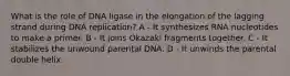 What is the role of DNA ligase in the elongation of the lagging strand during DNA replication? A - It synthesizes RNA nucleotides to make a primer. B - It joins Okazaki fragments together. C - It stabilizes the unwound parental DNA. D - It unwinds the parental double helix.