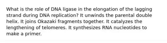 What is the role of DNA ligase in the elongation of the lagging strand during DNA replication? It unwinds the parental double helix. It joins Okazaki fragments together. It catalyzes the lengthening of telomeres. It synthesizes RNA nucleotides to make a primer.