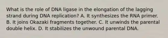 What is the role of DNA ligase in the elongation of the lagging strand during DNA replication? A. It synthesizes the RNA primer. B. It joins Okazaki fragments together. C. It unwinds the parental double helix. D. It stabilizes the unwound parental DNA.