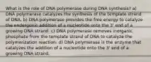 What is the role of DNA polymerase during DNA synthesis? a) DNA polymerase catalyzes the synthesis of the template strand of DNA. b) DNA polymerase provides the free energy to catalyze the endergonic addition of a nucleotide onto the 3' end of a growing DNA strand. c) DNA polymerase removes inorganic phosphate from the template strand of DNA to catalyze the polymerization reaction. d) DNA polymerase is the enzyme that catalyzes the addition of a nucleotide onto the 3' end of a growing DNA strand.