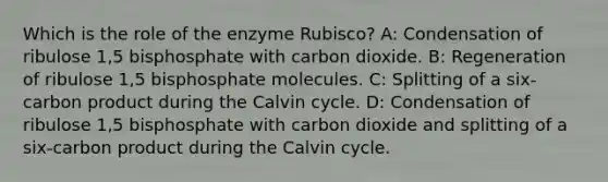 Which is the role of the enzyme Rubisco? A: Condensation of ribulose 1,5 bisphosphate with carbon dioxide. B: Regeneration of ribulose 1,5 bisphosphate molecules. C: Splitting of a six-carbon product during the Calvin cycle. D: Condensation of ribulose 1,5 bisphosphate with carbon dioxide and splitting of a six-carbon product during the Calvin cycle.