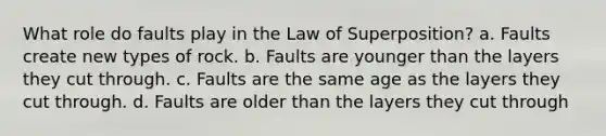 What role do faults play in the Law of Superposition? a. Faults create new types of rock. b. Faults are younger than the layers they cut through. c. Faults are the same age as the layers they cut through. d. Faults are older than the layers they cut through