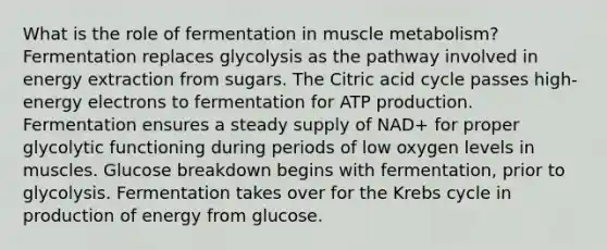 What is the role of fermentation in muscle metabolism? Fermentation replaces glycolysis as the pathway involved in energy extraction from sugars. The Citric acid cycle passes high-energy electrons to fermentation for ATP production. Fermentation ensures a steady supply of NAD+ for proper glycolytic functioning during periods of low oxygen levels in muscles. Glucose breakdown begins with fermentation, prior to glycolysis. Fermentation takes over for the Krebs cycle in production of energy from glucose.