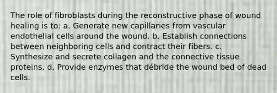 The role of fibroblasts during the reconstructive phase of wound healing is to: a. Generate new capillaries from vascular endothelial cells around the wound. b. Establish connections between neighboring cells and contract their fibers. c. Synthesize and secrete collagen and the <a href='https://www.questionai.com/knowledge/kYDr0DHyc8-connective-tissue' class='anchor-knowledge'>connective tissue</a> proteins. d. Provide enzymes that débride the wound bed of dead cells.