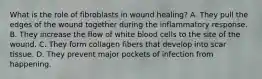 What is the role of fibroblasts in wound​ healing? A. They pull the edges of the wound together during the inflammatory response. B. They increase the flow of white blood cells to the site of the wound. C. They form collagen fibers that develop into scar tissue. D. They prevent major pockets of infection from happening.