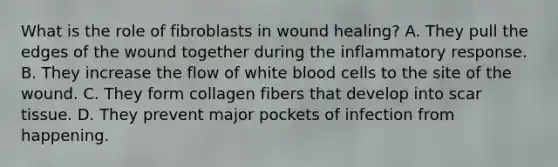 What is the role of fibroblasts in wound​ healing? A. They pull the edges of the wound together during the inflammatory response. B. They increase the flow of white blood cells to the site of the wound. C. They form collagen fibers that develop into scar tissue. D. They prevent major pockets of infection from happening.