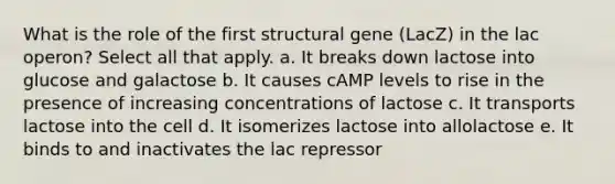 What is the role of the first structural gene (LacZ) in the lac operon? Select all that apply. a. It breaks down lactose into glucose and galactose b. It causes cAMP levels to rise in the presence of increasing concentrations of lactose c. It transports lactose into the cell d. It isomerizes lactose into allolactose e. It binds to and inactivates the lac repressor