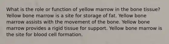 What is the role or function of yellow marrow in the bone tissue? Yellow bone marrow is a site for storage of fat. Yellow bone marrow assists with the movement of the bone. Yellow bone marrow provides a rigid tissue for support. Yellow bone marrow is the site for blood cell formation.