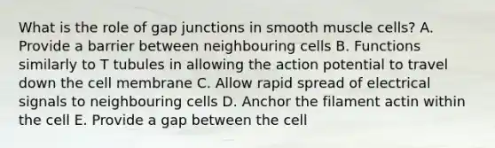 What is the role of gap junctions in smooth muscle cells? A. Provide a barrier between neighbouring cells B. Functions similarly to T tubules in allowing the action potential to travel down the cell membrane C. Allow rapid spread of electrical signals to neighbouring cells D. Anchor the filament actin within the cell E. Provide a gap between the cell