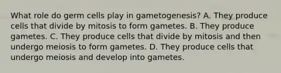 What role do germ cells play in gametogenesis? A. They produce cells that divide by mitosis to form gametes. B. They produce gametes. C. They produce cells that divide by mitosis and then undergo meiosis to form gametes. D. They produce cells that undergo meiosis and develop into gametes.